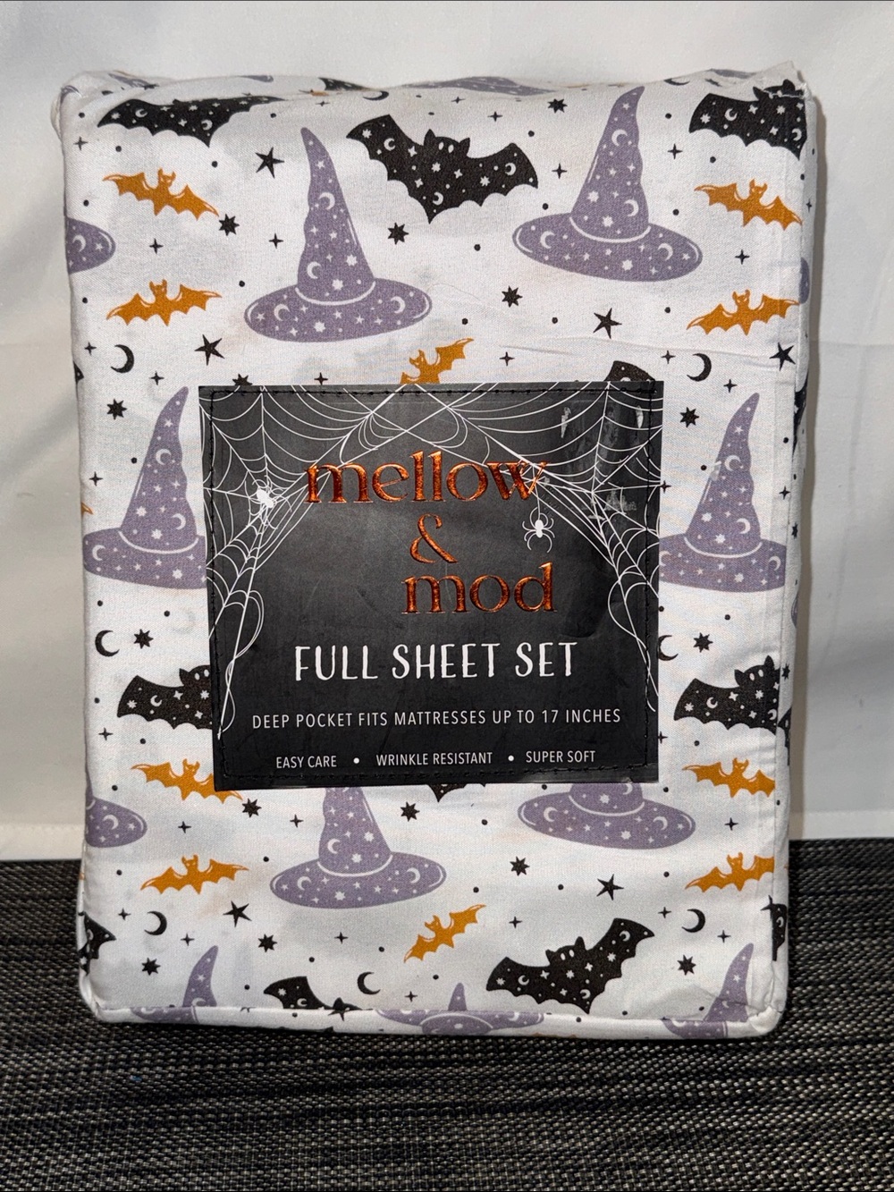 Halloween Witch Hat Full Sheet Set - White with Purple, Black & Orange